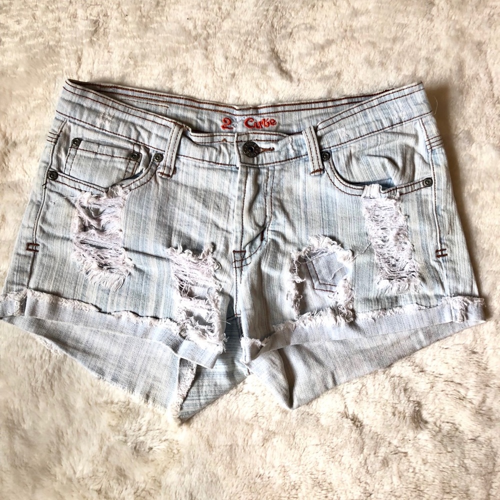 Woman’s Jr’s 2 Cute Acid Wash Light Denim Jean Ripped Shorts Size 3 XS
